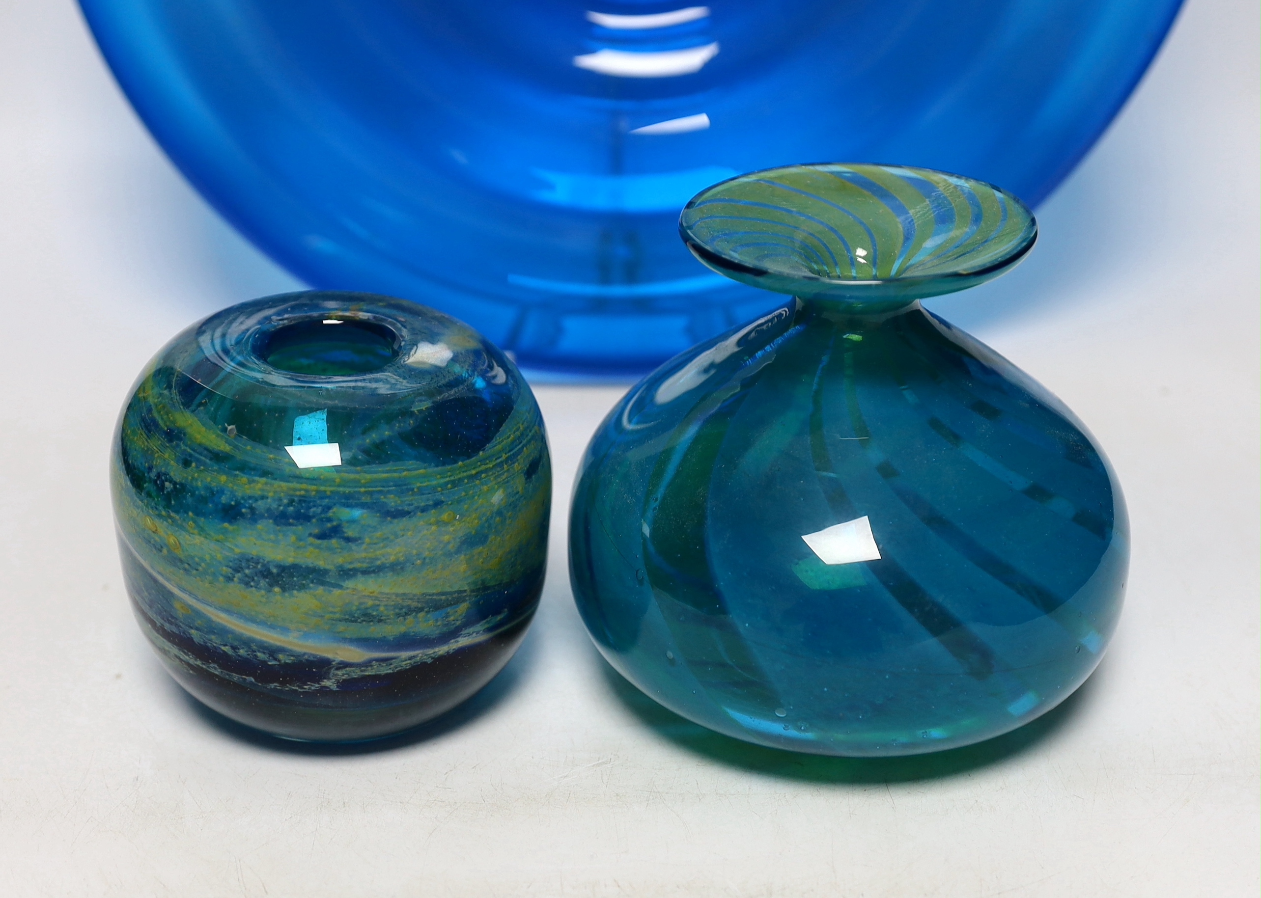 Four pieces of Mdina glass, three signed together with a blue glass dish, largest Mdina vase 19.5cm high